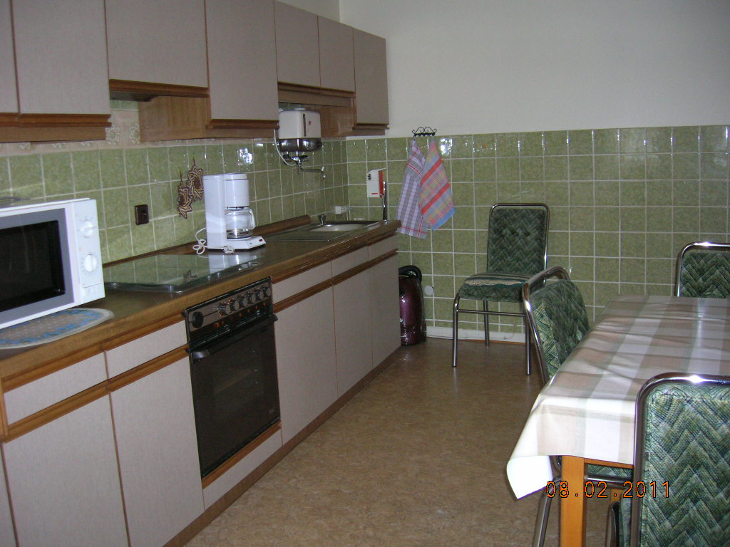 Die Küche ist komplett ausgestattet mit Herd, Backofen, Kühlschrank